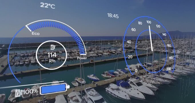 Digital dashboard animation displaying speed and battery over marina with boats
