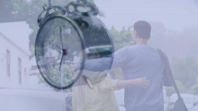 Walking outdoors, couple with clock animation overlaying scene in park