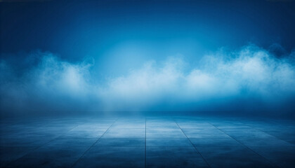 Obraz premium Mysterious blue background with concrete tiled floor and rolling thick fog or smoke clouds for product placement