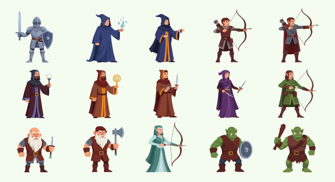 Medieval Fantasy Characters with Various Costumes and Weapons.