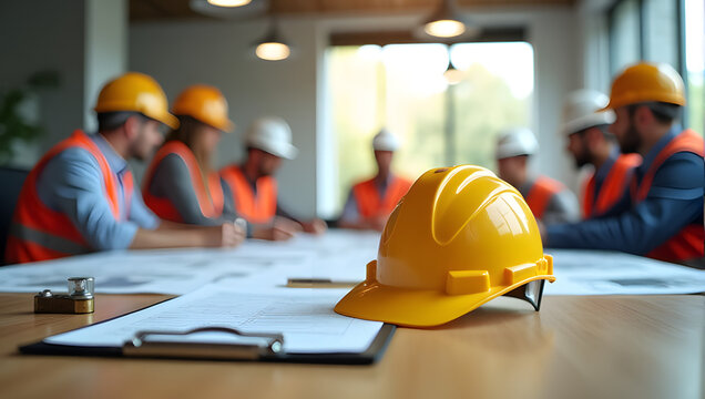A yellow safety hard hat and blueprint on wooden table, professional construction workers, engineers, architects, meeting - management, site safety, urban development, project planning 