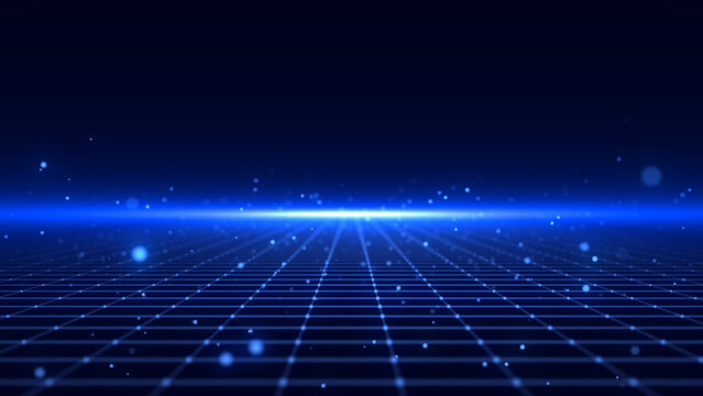 Retro fantastic background of the 80. Perspective grid with night sky. Futuristic neon mesh. 3d rendering.