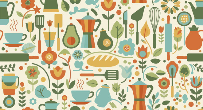 Retro kitchen and cooking pattern with coffee pots, cups, bread, and floral elements, vintage charm