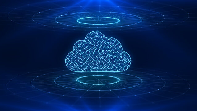Abstract cloud computing concept with a glowing digital cloud surrounded by futuristic circular data interfaces. Symbol of cloud technology. Technology background. 3D rendering.