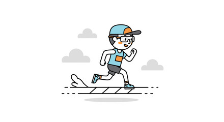 Fototapeta premium Young boy in casual sportswear enjoying a run outdoors with a cheerful expression and playful clouds in the background