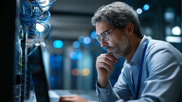 Faceless developer in data center workspace, diagnostic tools usage, system monitoring software operation, error identification work, server farm maintenance, defocused equipment b