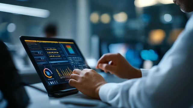 Faceless electricity engineer hands on AI computer software, control monitor interface, power consumption tracking, energy saving concept, utility management system, defocused cont