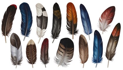 Collection of Assorted Bird Feathers in Various Colors and Patterns.
