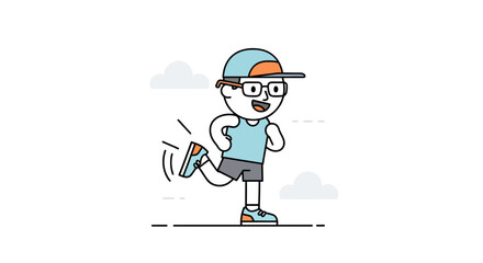 Playful Cartoon Boy Running Outdoors with Cap Glasses and Sneakers in a Cheerful Scene with Clouds