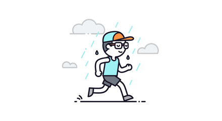 Fototapeta premium illustration of a young person running in the rain wearing casual sportswear and a baseball cap on a cloudy day with simple