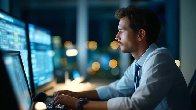 Faceless engineer working at control room panel, manager system monitoring, technician observing multiple displays, program tracking operation, control interface work, defocused sc