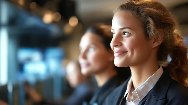 Faceless female security guards in surveillance room, monitoring equipment operation, discussion collaboration work, safety system observation, protection service task, defocused c