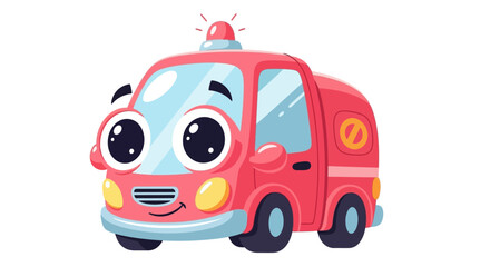 Cartoon fire engine with smiling face and flashing lights.