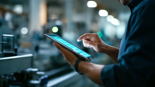 Faceless hands holding tablet on automation machine, smart industry control concept, manufacturing monitoring interface, production system observation, industrial technology operat