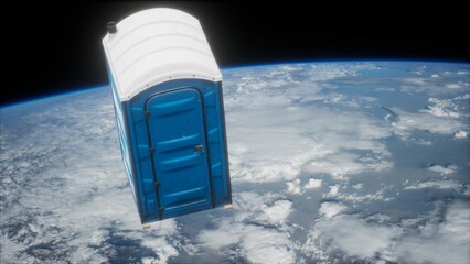 A portable restroom is suspended in space, surrounded by the stunning blue of Earth and wispy clouds below. This unusual sight captures a creative moment in an imaginative space journey. © icetray