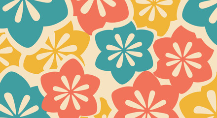Colorful floral pattern with retro style flowers in pastel shades.