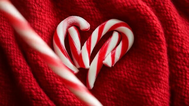 Candy canes forming heart shape on red knitted fabric