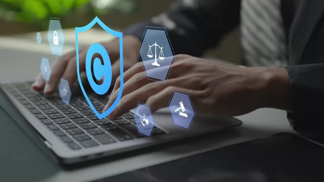 Digital copyright protection with virtual icons for licensing, security and content control. Business professional safeguarding creative works and digital assets through online platforms.