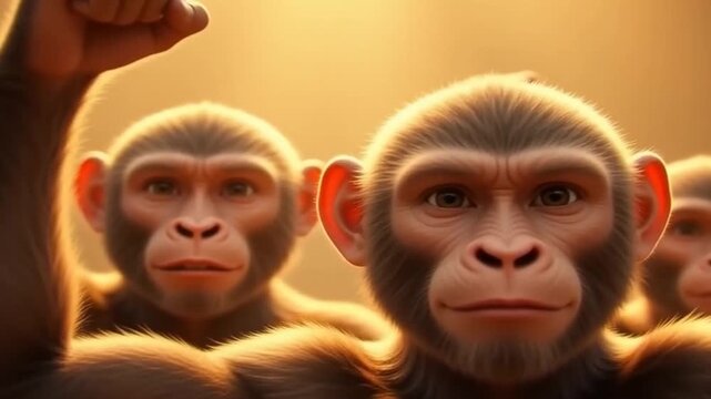 A group of apes with serious faces raise their fists in unison.