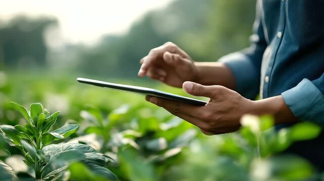 Faceless modern farmer hands holding tablet device, monitoring crop plants in field, precision agriculture technology, smart farming interface, crop tracking system, defocused gree