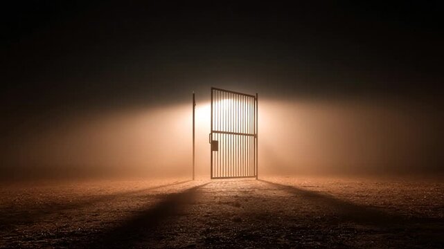 A metallic gate stands open, bathed in an eerie light emanating from an unseen source