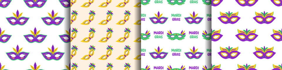 Vector set of seamless mardi gras mask pattern in purple, yellow, green colors. Festive carnival masquerade wrapping paper collection for party, parade, holiday decoration, textile and digital design. © Ulyana Mo