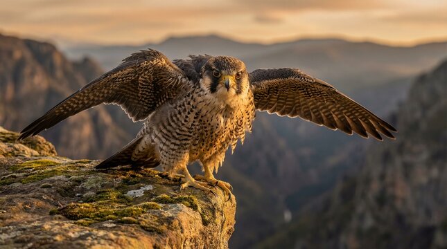 A majestic falcon (baaz) perched on a rocky cliff, sharp intense eyes, detailed feathers, powerful wings slightly spread, golden sunlight hitting from the side, ultra-realistic wildlife photography, s