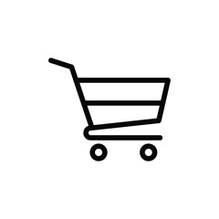 A simple black shopping cart icon on a white background for e-commerce use