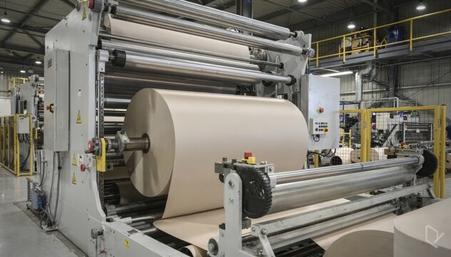 Medium shot of a large roll winder showing core loading onto the machine for rewinding jumbo paper reels into smaller rolls highlighting industrial manufacturing processes.