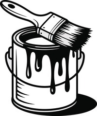 Simple monochrome illustration featuring a paint can with dripping paint and a brush for home improvement © ummehabiba8715