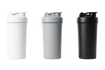 Three colorful shaker bottles in white, gray, and black isolated on transparent background