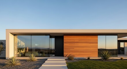 Fototapeta premium Modern house with wooden facade and large windows.