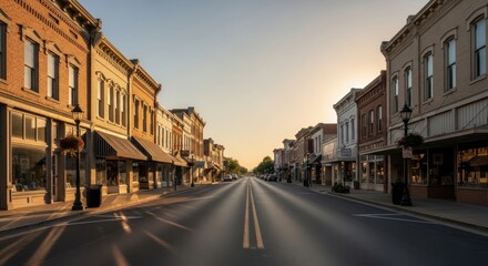 Fototapeta premium Sunlit Main Street, Historic Architecture. Downtown Buildings, Vintage Style, Sunny Day. Empty Road Perspective, Travel, Commerce, USA Small Town Life.