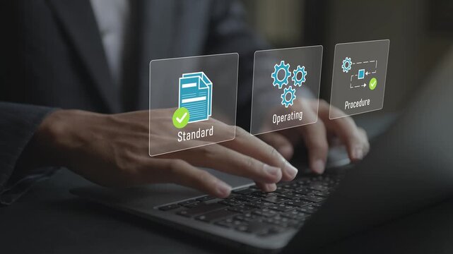 Digital SOP management system with virtual icons for workflow, approval and documentation. Business professional controlling processes, compliance and quality standards via an online platform.