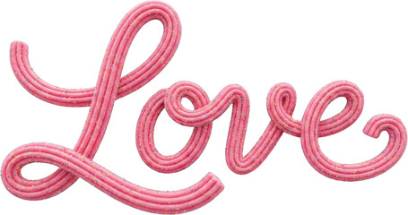 Pink cursive lettering forming the word Love with sprinkles crafted from a sweet frosting texture sugar icing confectionery romance emotion celebration calligraphy script