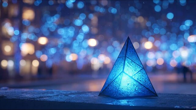 A luminous, blue-glowing pyramid structure with a cityscape bokeh background. It sits on a stone surface