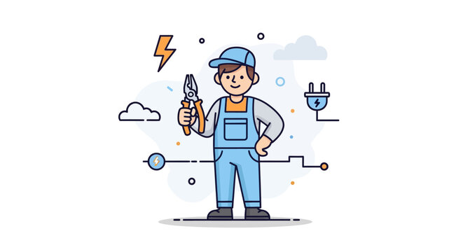 Illustration of a young electrician holding pliers with electrical symbols and infrastructure elements in a minimalistic cartoon