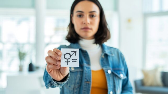 A woman holds a sign depicting gender equality symbols, emphasizing the importance of equal rights and representation in society.