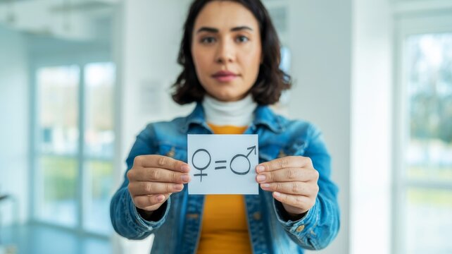 A woman holds a sign depicting gender equality symbols, emphasizing the importance of equal rights and representation for all genders.