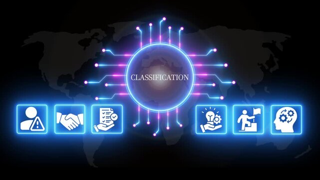 Classification Concept with Neon and Global Network Connections on Dark Background neon global network