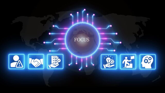 Business Focus Concept with Neon and Map Background neon map global strategy planning teamwork