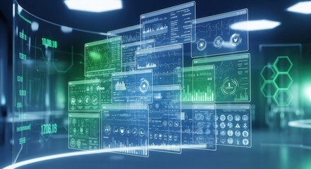 Futuristic monitor display showing data, charts, graphs, information, technology analysis, digital interface, sci-fi style, with machine learning.