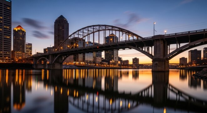 Des Moines skyline at dusk reflects in river. Architectural photography showcases the iconic bridge and urban landscape in scenic Midwest location.