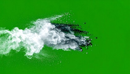 Explosion of white smoke and debris against a vibrant green screen background, dynamic motion.