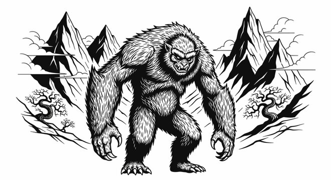 Black and white illustration of a large, hairy, ape-like creature resembling a yeti or Bigfoot standing in a stylized mountainous landscape.