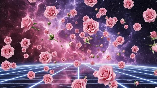Pink Roses Floating in Cosmic Nebula with Digital Grid Background