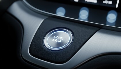 Sleek Modern Car Interior Detail Featuring Engine Start Button on Leather Dashboard with Blue Ambient LED Lighting