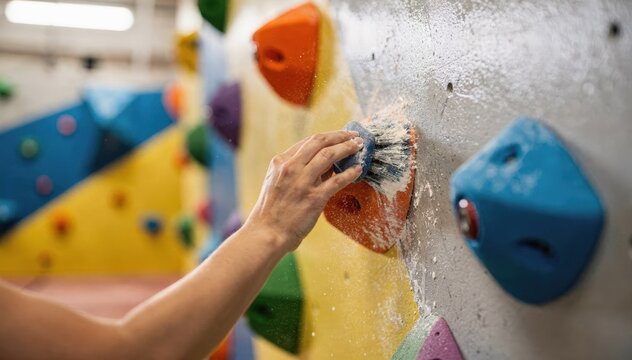 Closeup medium shot focusing on hand scrubbing bright grips in kids bouldering area soft focus on surrounding playful wall textures.