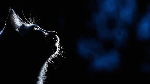A side profile of a cat, lit by a streak of light, against a dark backdrop
