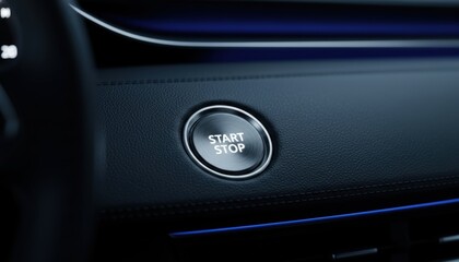 Close up of Engine Start Stop Button in Luxury Car Interior with Dark Leather Dashboard and Blue Ambient LED Lighting